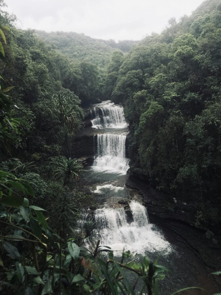 Majestic waterfall cascading through lush jungle foliage in Cherrapunjee, India.